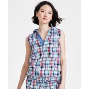 Nautica Jeans Women's Patchwork Plaid Cotton Button Up Top in Night Sky